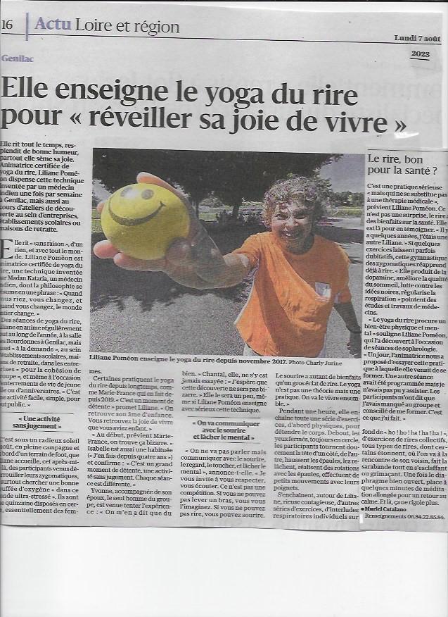 Article le progres 7 aout 2023 yoga du rire 1